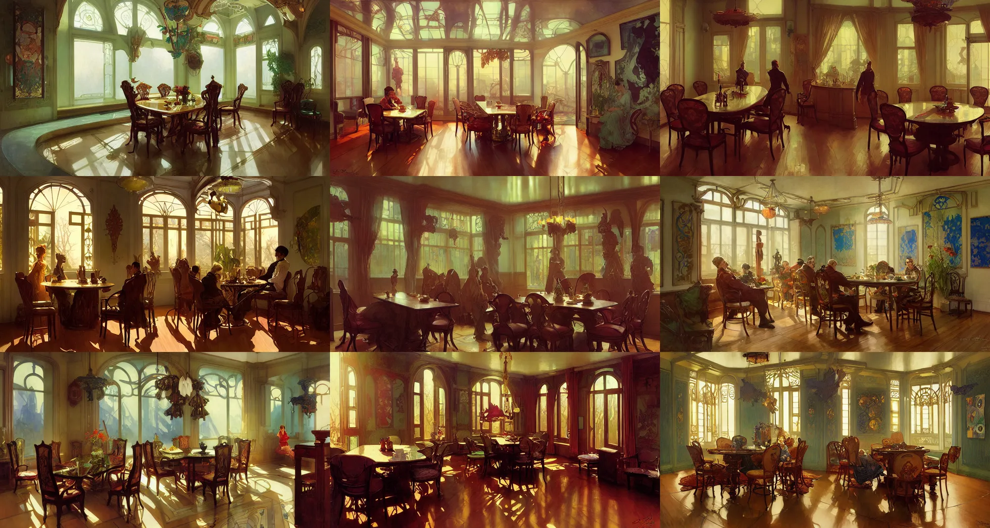 Prompt: home dinner room, art nouveau architecture, art by joseph leyendecker, ivan aivazovsky, ruan jia, reza afshar, marc simonetti, alphonse mucha