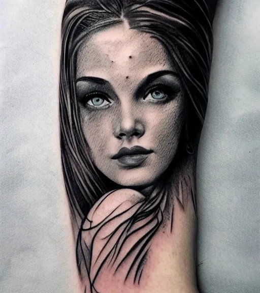 Image similar to tattoo design sketch of a beautiful blue - eyed woman face with a faded background of beautiful mountains and nature on her side, hyper - realistic, in the style of den yakovlev, amazing detail, black and white