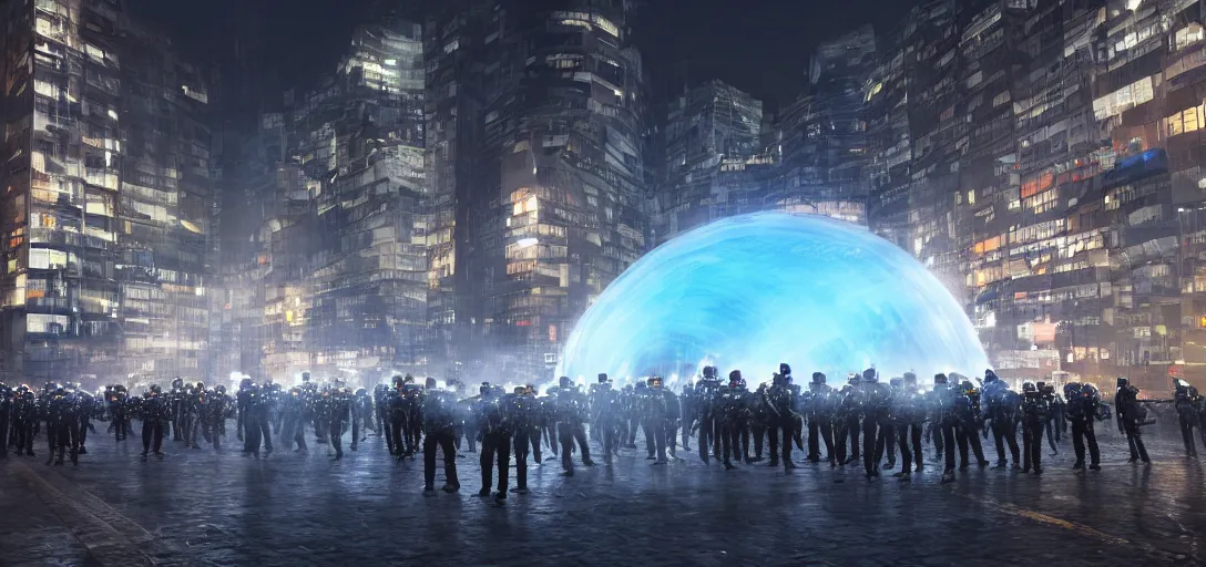 Image similar to policemen protect a huge spiral - shaped luminous object right in the center of the city from protesting crawd, night, rain and light fog, professional lighting, concept art in 3 d, high detail, professional lighting