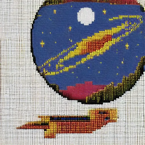 Prompt: Liminal space in outer space, cross stitch