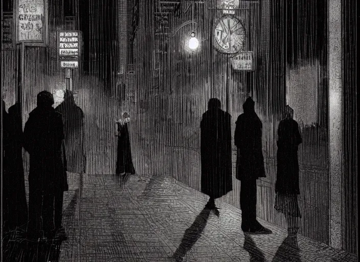 Prompt: some people waiting at bus stop in dark city night, detailed, high quality, by Moebius, sci-fi, reimagined by industrial light and magic