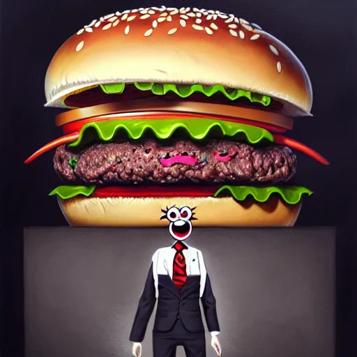 Prompt: a monster with a hamburger head on a suit, hamburger monster, burger face, burger with human eyes, burger with a mouth, very detailed eyes, character concept art, fantasy, intricate, fantasy drawing, illustration, highly detailed, hyperrealistic, cgsociety, artstation, oil painting by greg rutkowski, by artgerm