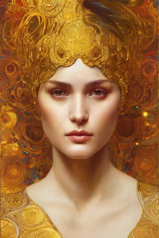 Prompt: an intricate artistic pose painting of a beautiful young muse with an artistic sensual pose with klimt golden motives and textures, hyper detailed, ornamental gold headpiece, octane render, vivid colors, artstation, by jeremy mann, by alphonse mucha, by boris vallejo