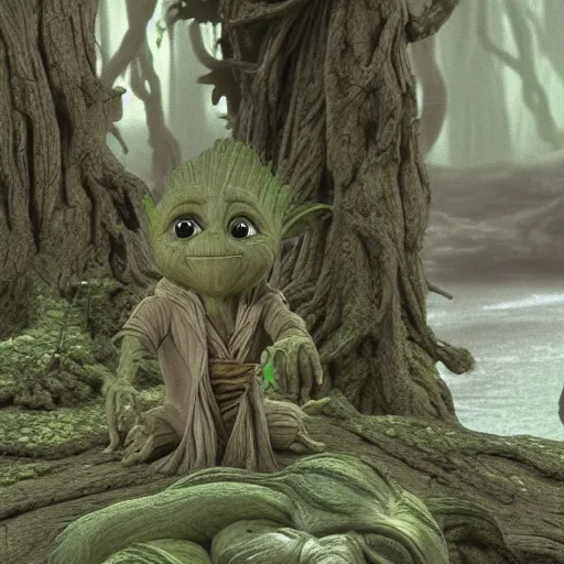 Image similar to Film still of Groot sitting with Yoda on Dagobah, from Star Wars The Empire Strikes Back (1980)