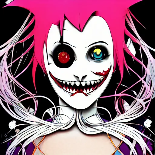 Prompt: portrait of a anime manga happy smiley Joker girl skull face detailed highres 4k by Trevor Brown pop art nouveau