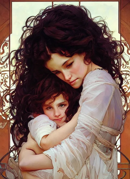 Image similar to a mother holding her daughter with curly brown hair, beautiful painting by artgerm and greg rutkowski and alphonse mucha