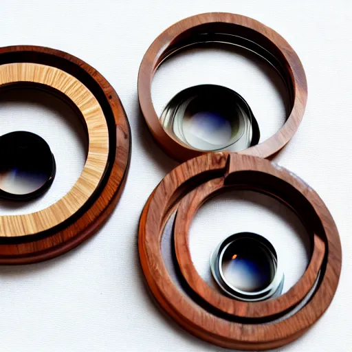 Image similar to camera lens aperture blades made of walnut wood. minimal. dramatic lighting.