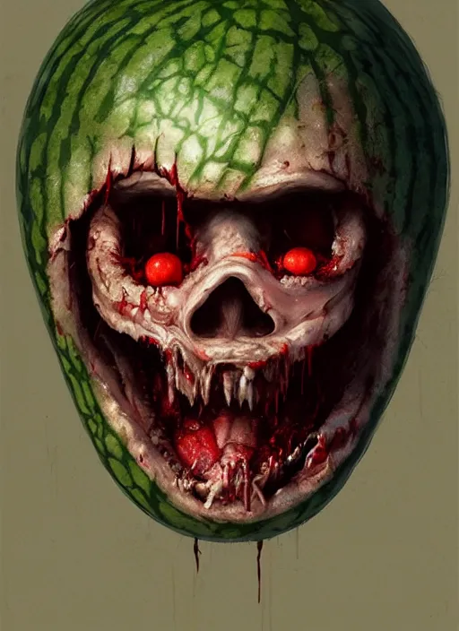 Image similar to hyper realistic photography portrait of smiling zombie with a watermelon helmet cinematic, greg rutkowski, brom, james gurney, mignola, craig mullins, artstation, cgsociety