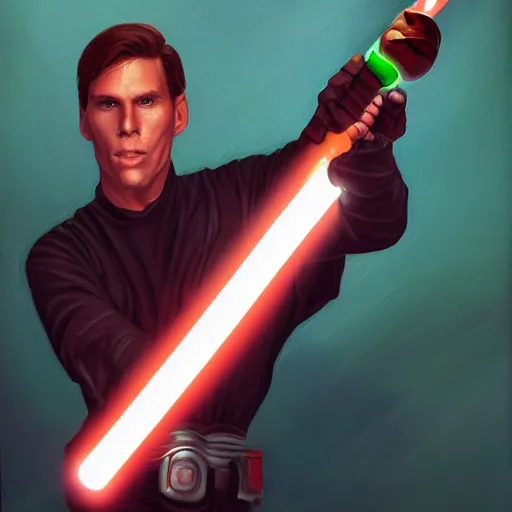 Image similar to jerma 9 8 5 wielding a lightsaber, detailed painting, trending on artstation