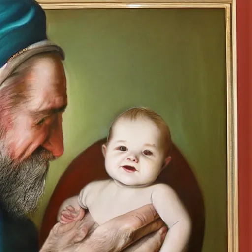 Image similar to laszlo moholy painting of beard grandpa taking a photo to a baby girl