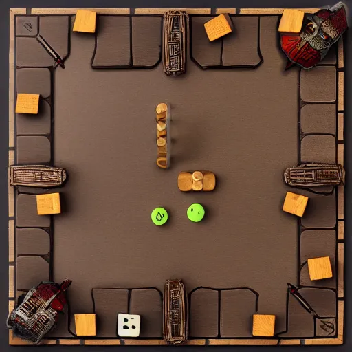 Image similar to game board made in wood, fantasy, with dice, epic, cinematic, thriller