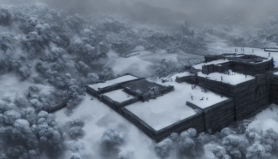 Image similar to Large secret black prison built in the snowy mountains, wide view, volumetric light, hyperdetailed, artstation, cgsociety, 8k