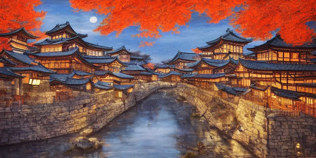 Image similar to a japanese medieval town during autumn at night, painting, beautiful, award winning masterpiece