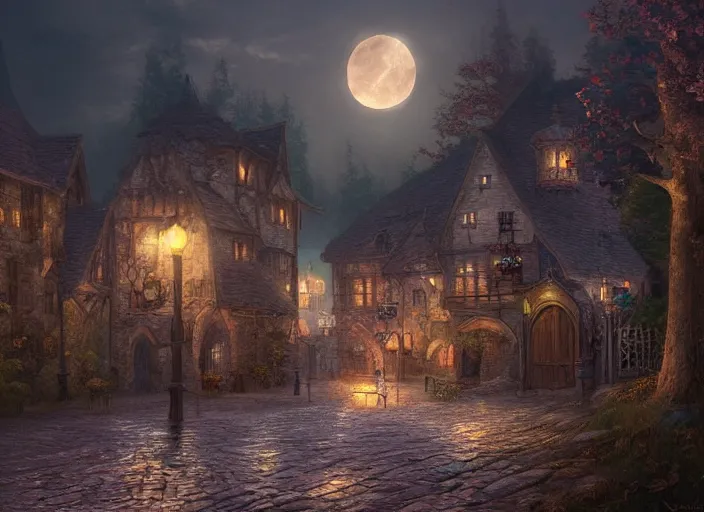 Prompt: medieval vampire village, moon light, gas lighting, stone roads, digital art, unreal engine, thomas kinkade