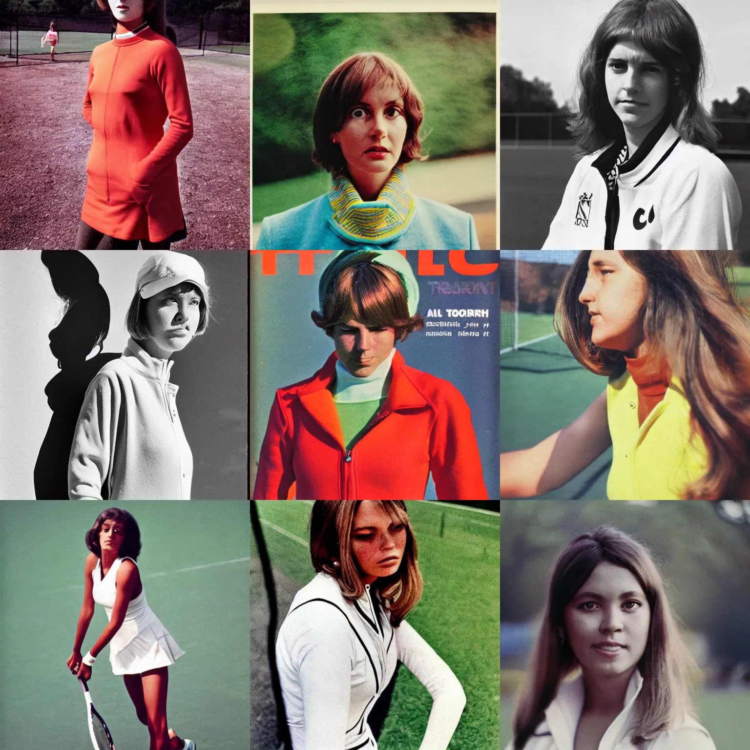 Prompt: A middle-shot, color outdoor photograph portrait of a woman in tennis wear is in the tennis coat, dramatic backlighting, 1970 photo from Live Magazine.