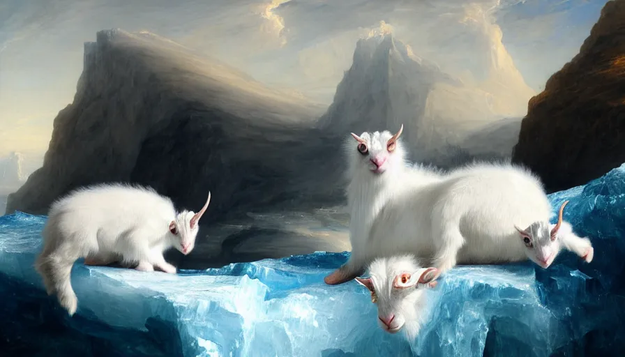 Image similar to highly detailed painting of white giant majestic chimera goat kitten seals on a blue and white iceberg by william turner, by greg rutkowski, by william constable, thick brush strokes and visible paint layers, 4 k resolution