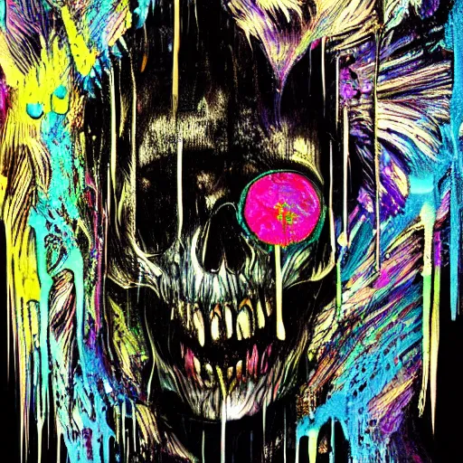 Prompt: drippy, dripping paint, skull, psychedelic, glitch, miyazaki style, exaggerated accents