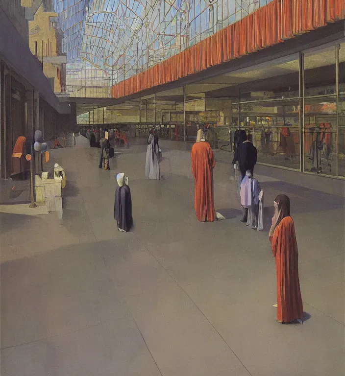 Image similar to motion controlled camera in transparent robes, in magnificent shopping mall, oil painting by edward hopper, zdislav beksinski, wayne barlowe