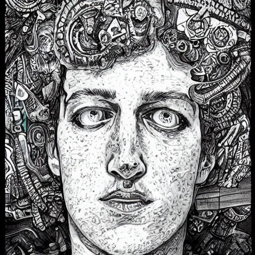 Image similar to the inner self of mark zuckerberg, clockwork engine, psychedelic, lsd, spiritual, mystical, epic beautifully detailed pen, ink and copic markers drawing by milo manara