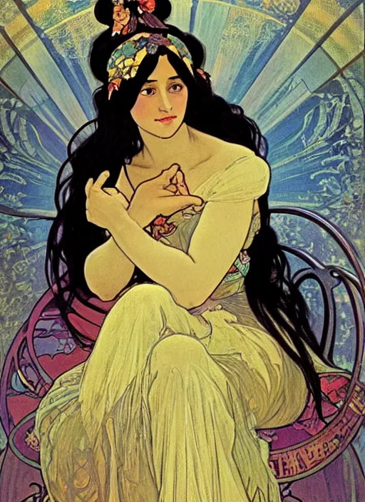 Prompt: beautiful woman with long black hair, tan skin, hourglass figure, round cute face wearing a colorful disney princess gown with mickey mouse ears headband sitting in an armchair. beautiful painting by alphonse mucha