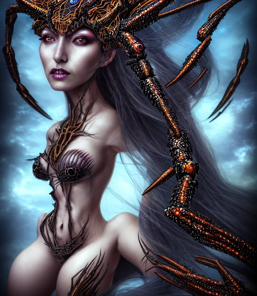 Image similar to close up portrait on the enchanting femenine queen of the zerg, hyper attractive, seductive, very complex, hyper-maximalist, overdetailed, legendary cinematic, darkfantasy, archetype with timeless beauty breathtaking eyes, her spider like legs spread evenly around her framing the image, collossal alien ship in the sky behind her, highly intricate, digital art, very elegant, HDR 8K, biblical art, realism, incomprehensible yet perspicious detail, unbeatable quality, silent hill aesthetic, photorealistic, lifelike, DSLR 8k, unbeatable coherency, Omnious intricate, octane render, created Nixeu & z--ed from deviantart