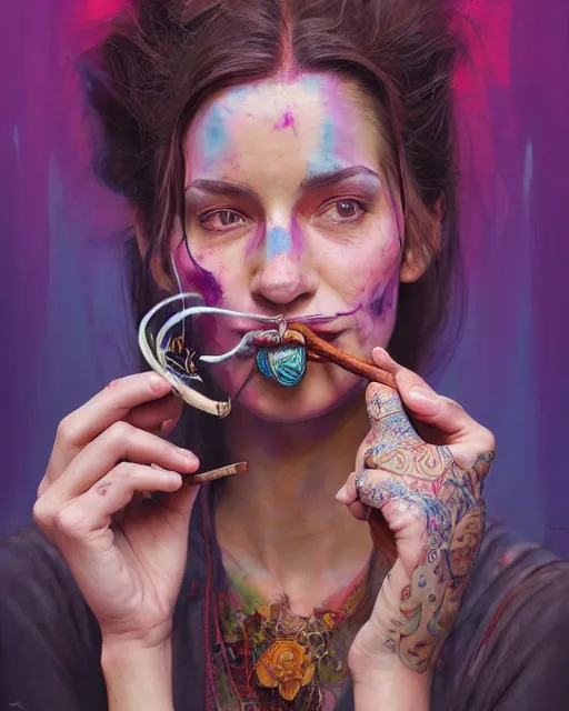 Image similar to portrait of a brunette in tie - dye, smoking a vintage tobacco pipe | highly detailed | very intricate | symmetrical | professional model | cinematic lighting | award - winning | painted by mandy jurgens and jesper elsing and rhads and tyler edlin | pan futurism, dystopian, bold colors, cyberpunk, anime aesthestic | featured on artstation