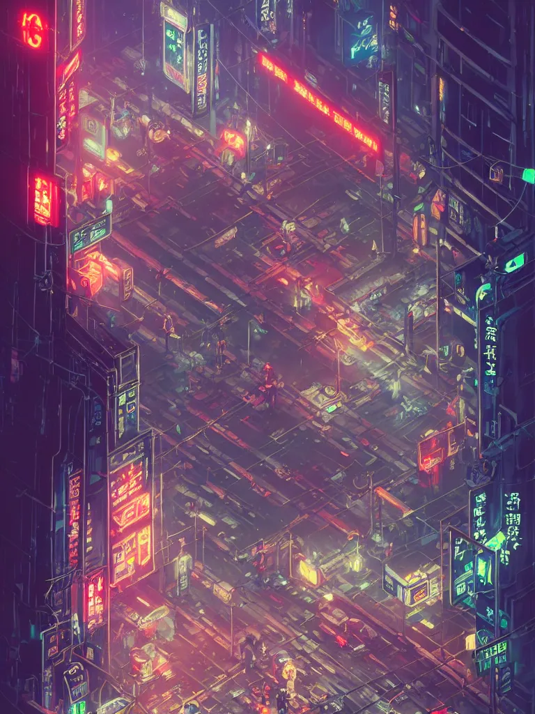 Prompt: isometric _ view _ of _ a _ cyberpunk _ neo - tokyo _ street _ with _ illuminated _ signs _ and _ wet _ pavement _ by _ andrei _ riabovitchev _ shaun _ tan _ peter _ mohrbacher _ a