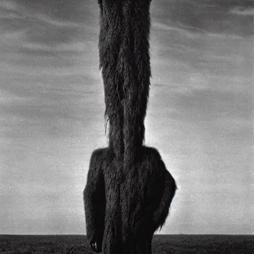 Image similar to vintage photography of faceless beast-god with many long arms, a huge body covered with deep furs by Zdzisław Beksiński, odd eye, dark fantasy, detaling