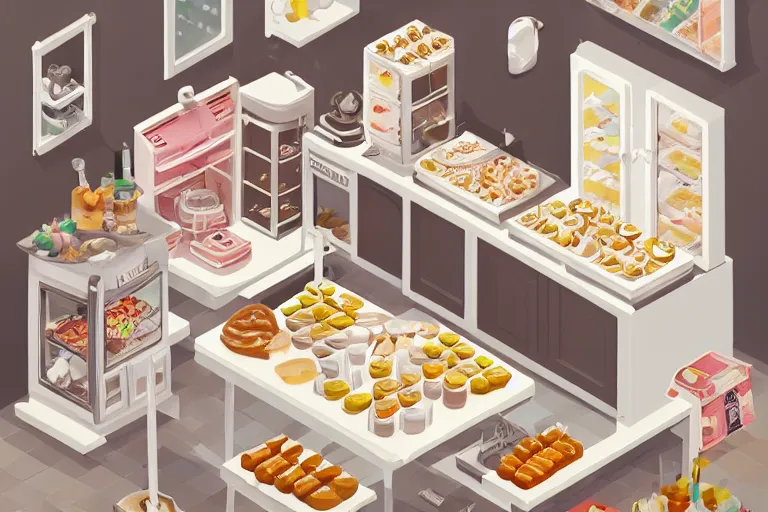 Prompt: cute bakery shop, refrigerator, sink, isometric art, white furniture, bright, artstation, highly detailed, cinematic lighting + masterpiece
