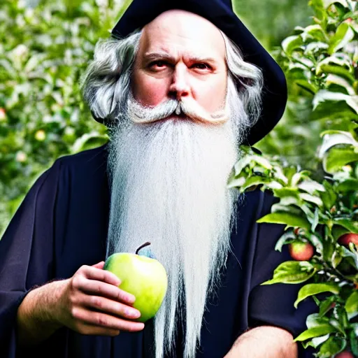 Image similar to beautiful professional photograph of a wizard with a very long white beard, brewing brewing!!!, potions!!!, elixirs, potions!!! potions, in an apple orchard