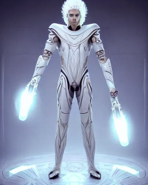 Prompt: perfect white haired egyptian male god, brute, fantasy nanosuit powered exosuit neon skin armor, beautiful, symmetric, dreamy, half african, ancient, charlize theron, detailed, scifi platform, laboratory, experiment, 4 k, ultra realistic, epic lighting, android body, illuminated, cinematic, masterpiece, art by akihito tsukushi, voidstar