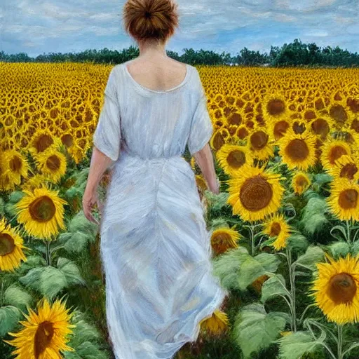 Prompt: a girl slowly walking through amazing tall sunflower field, hair flowing, early morning lightning, bad weather approaching, elegant, subtle, intricate details, real masterpiece, oil on canvas, by somsak anong