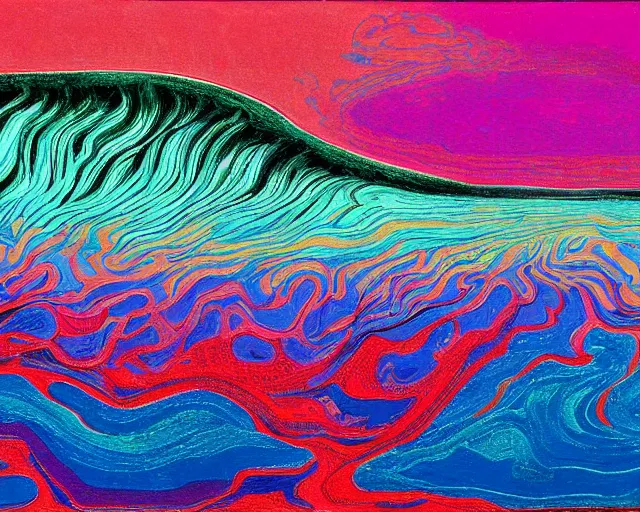 Image similar to Ocean waves in a psychedelic dream world. DMT. Curving rivers. Craggy mountains. Landscape painting by Wayne Thiebaud. David Hockney. Zao Wou-ki. Minimalist.