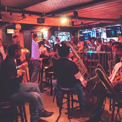 Prompt: architects watch a jazz band play in a crowded underground bar, photorealistic, 8k