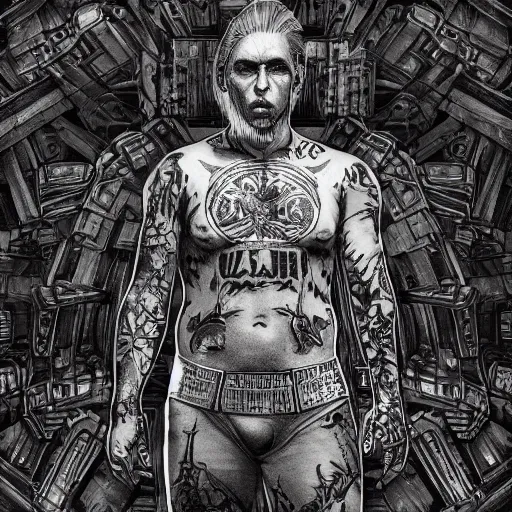 Prompt: Russian prisoner with russian criminal tattoos, highly detailed, symmetrical, detailed ink illustration, raiden metal gear, cinematic smooth, deep aesthetic, concept art, post process, 4k, , evil, moody lighting