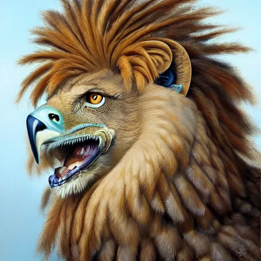 Image similar to a realistic oil painting portrait of a griffon ( lion eagle hybrid ), highly detailed, trending on artstation, by james gurney and michael whelan