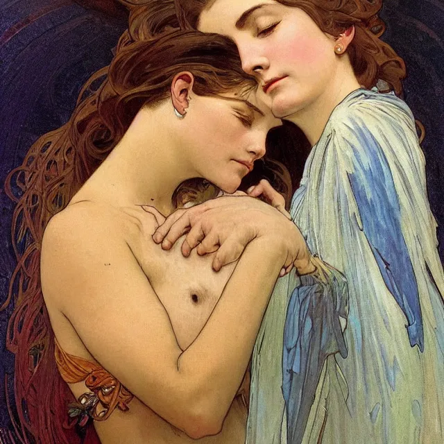 Image similar to an aesthetic! detailed portrait of an aesthetic woman crying mournfully while cradling a child, by frank frazetta and alphonse mucha, oil on canvas, bright colors, art nouveau, epic composition, dungeons and dragons fantasy art, hd, god - rays, ray - tracing, crisp contour - lines, huhd - 8 k