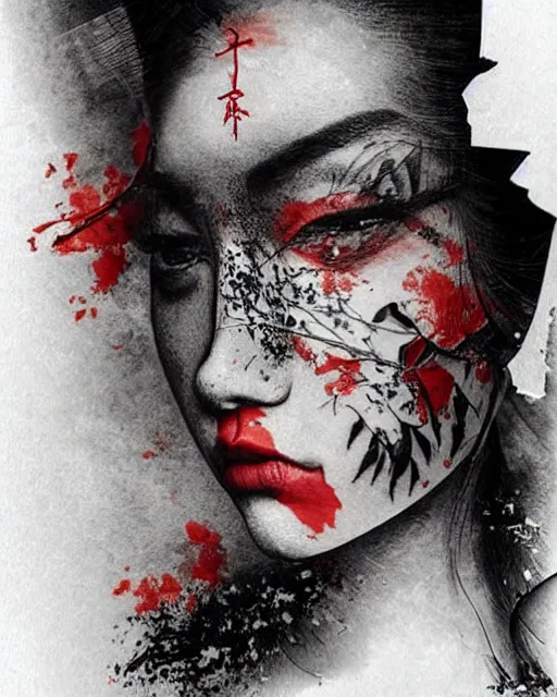 Prompt: japanese geisha face blended in beautiful mountain scenery, double exposure effect, medium sized tattoo sketch, amazing detail, trending on pinterest, in the style of brandon kidwell