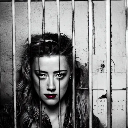 Image similar to amber heard alone inside a prison cell behind bars, ultra realistic, canon 3 5 mm portrait photography, 1 8 0 0 s, 8 k