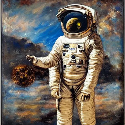 Prompt: by tim okamura improvisational salvador dali. a beautiful installation art of astronaut standing on a planet with a flag in the background.