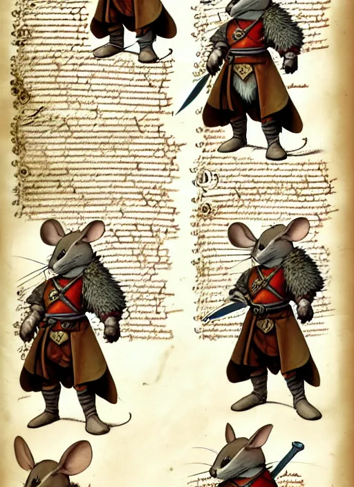 Image similar to character design sheet for a heroic mouse knight with sword and shield on a parchment background, redwall, greg rutowski and jean baptiste monge, detailed, epic fantasy concept art