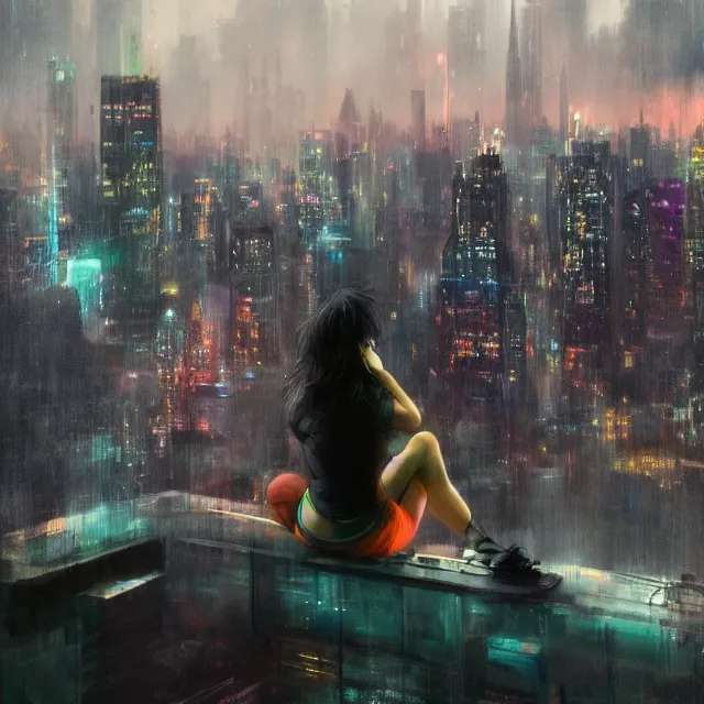 Prompt: a girl!!!! sitting on a solid ledge overlooking a futuristic new york city below, ghostpunk, neon lights, storm clouds, rain falling, detailed background, sharp details, by craig mullins