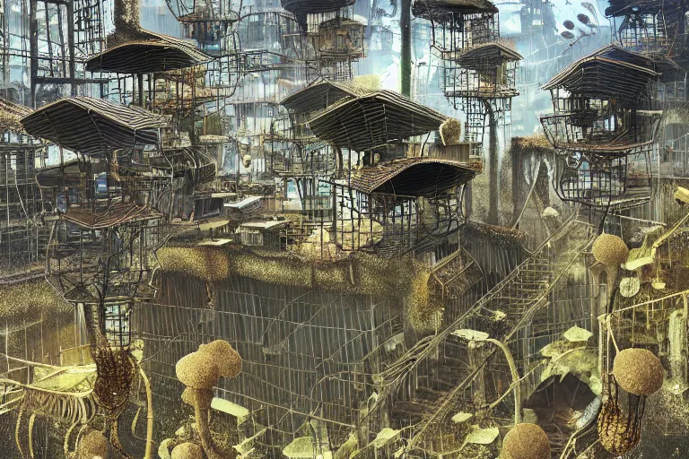 Image similar to favela jellyfish honeybee hive, wooded environment, industrial factory, horror, award winning art, epic dreamlike fantasy landscape, ultra realistic,