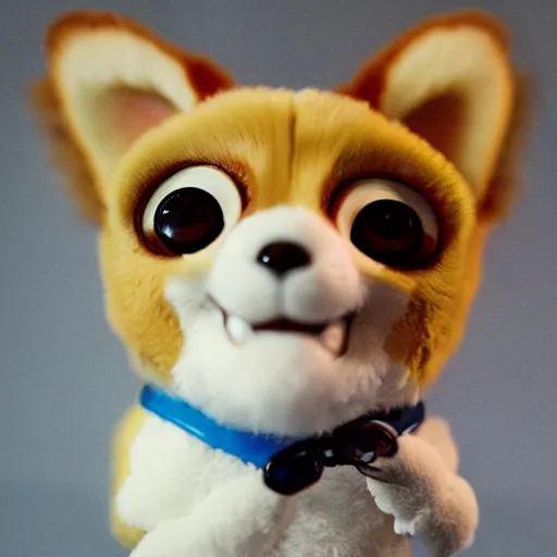 Image similar to corgi furby toy on a store shelf, cute, hyperrealistic, award - winning photograph