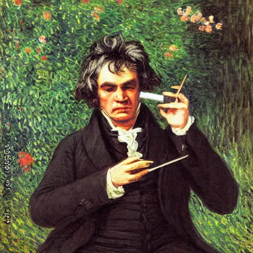 beethoven smoking weed, conducting symphony by monet | Stable Diffusion