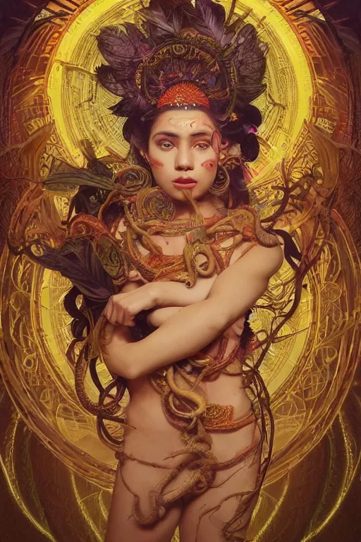 Image similar to an immaculate render of a dancing tribal goddess adorned with leaves and cables and bird wings, dancing in a temple surrounded by wild tentacles made from mandalas and incense smoke, full body, perfect face, powerful, cinematic, beautifully lit, by artgerm, by alphonse mucha, by karol bak, 3 d, trending on artstation, octane render, 8 k