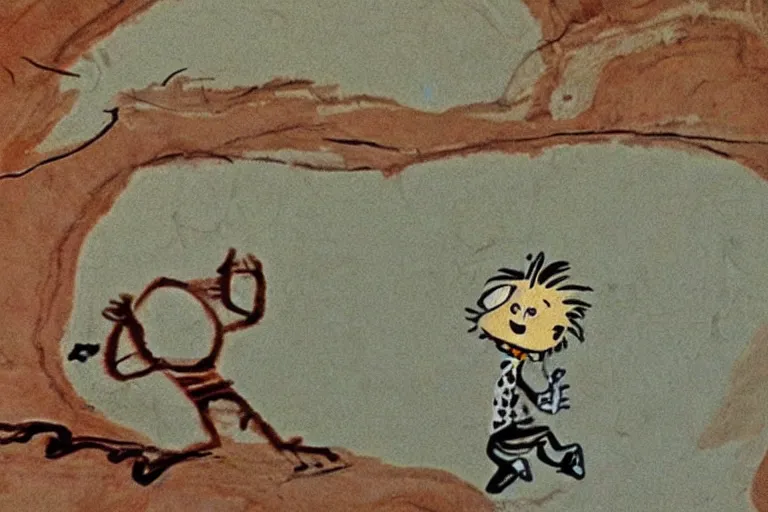 Image similar to calvin and hobbes in cave painting style