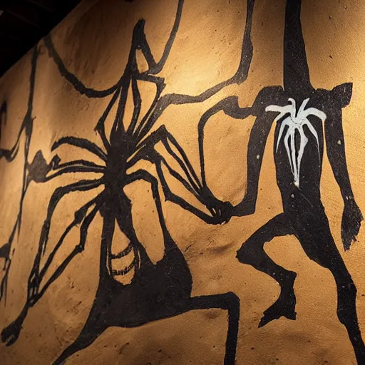 Image similar to a cave painting of spiderman, drum pads, maschine. lascaux cave paintings, chauvet