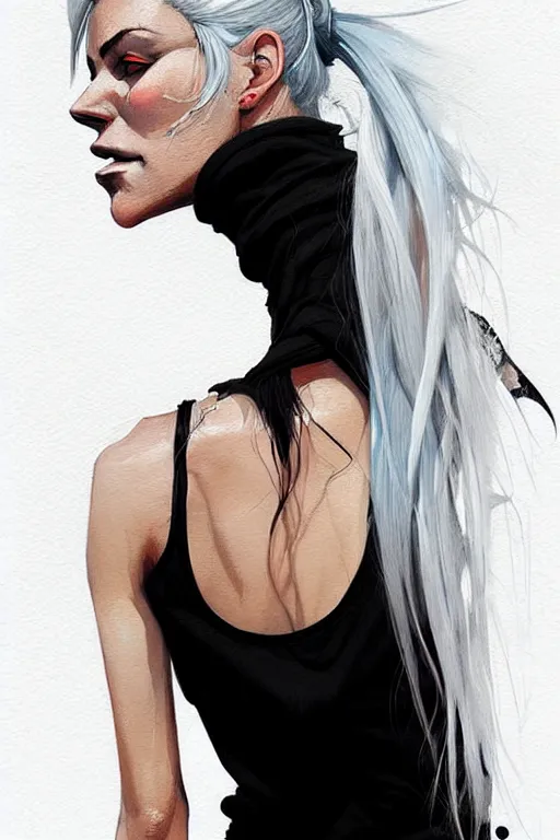 Image similar to a ultradetailed beautiful painting of a stylish woman in with white hair in a ponytail, she is wearing a black tank top and jeans, by conrad roset, greg rutkowski and makoto shinkai trending on artstation