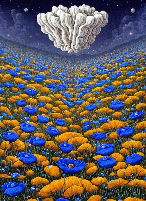 Image similar to detailed, intricate blue black and purple papaverum flower on the field, nebula, galaxy in the sky, winning award masterpiece, fantastically beautiful, illustration, aestheticly inspired, jacek yerka, upscale with anguissola sofonisba work, artstation, 8 k